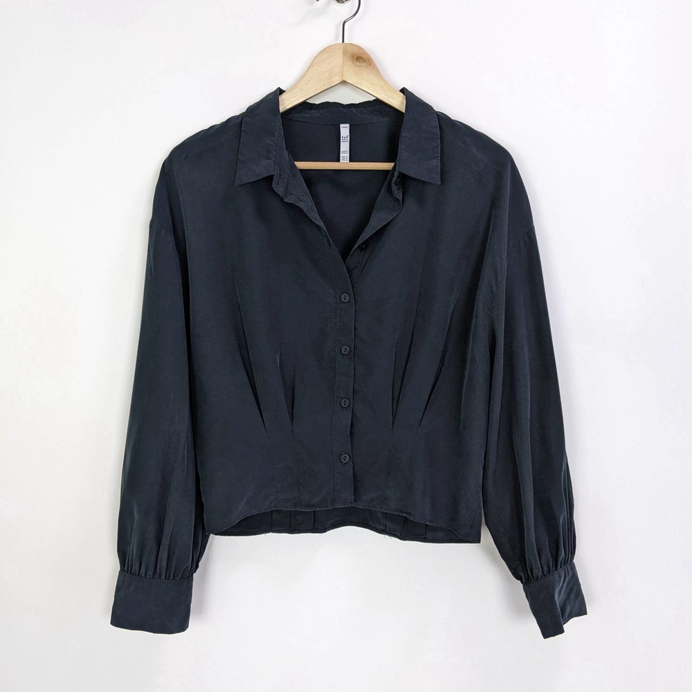 Zara Size M Collared Button Up Pleated Detail Crop Blouse Top Shirt Gray Black